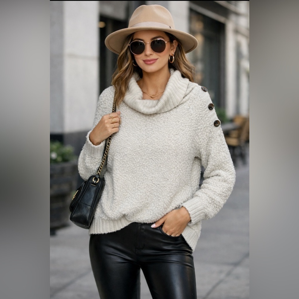 Fashion Nova Chunky Knit Cowl Neck Sweater Button
Shoulder Cozy Size 1X